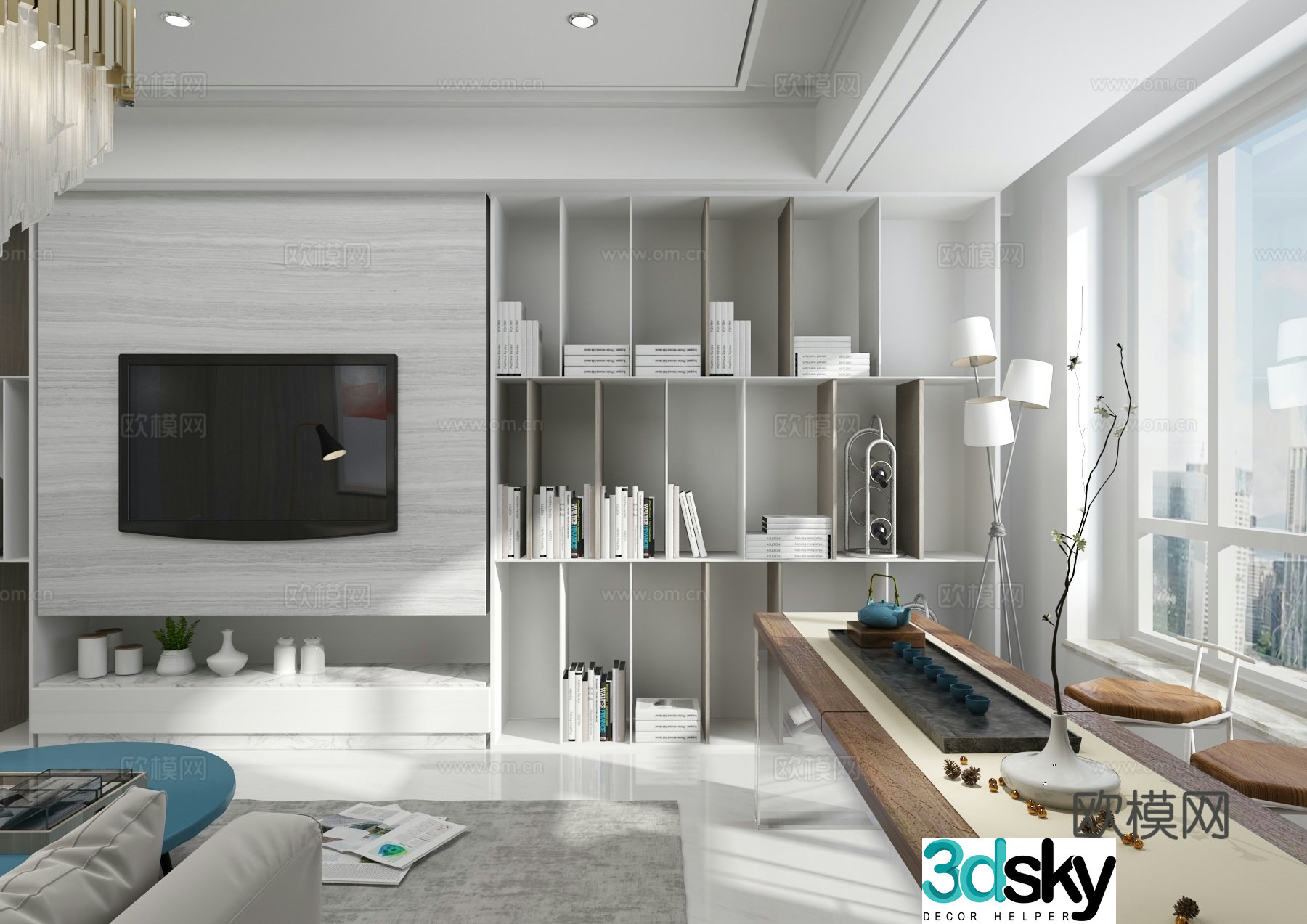 Modern living and dining room chandeliers modern sofa dining table iron bookshelf hanging painting 3d model