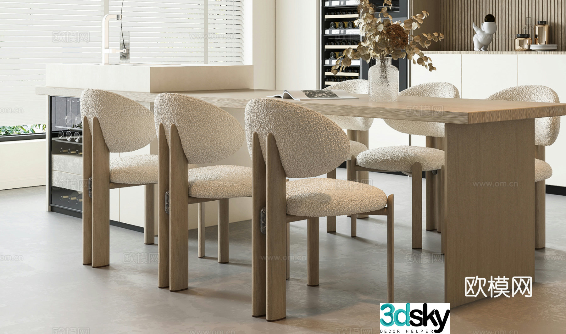 Creamy dining table and chair combination 3D model
