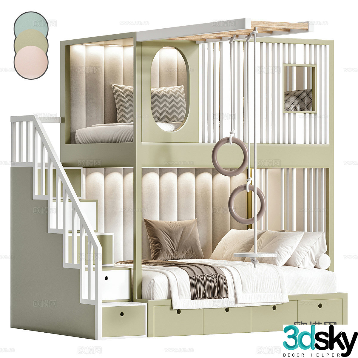 Modern creamy style children’s bed high and low bed 3D model