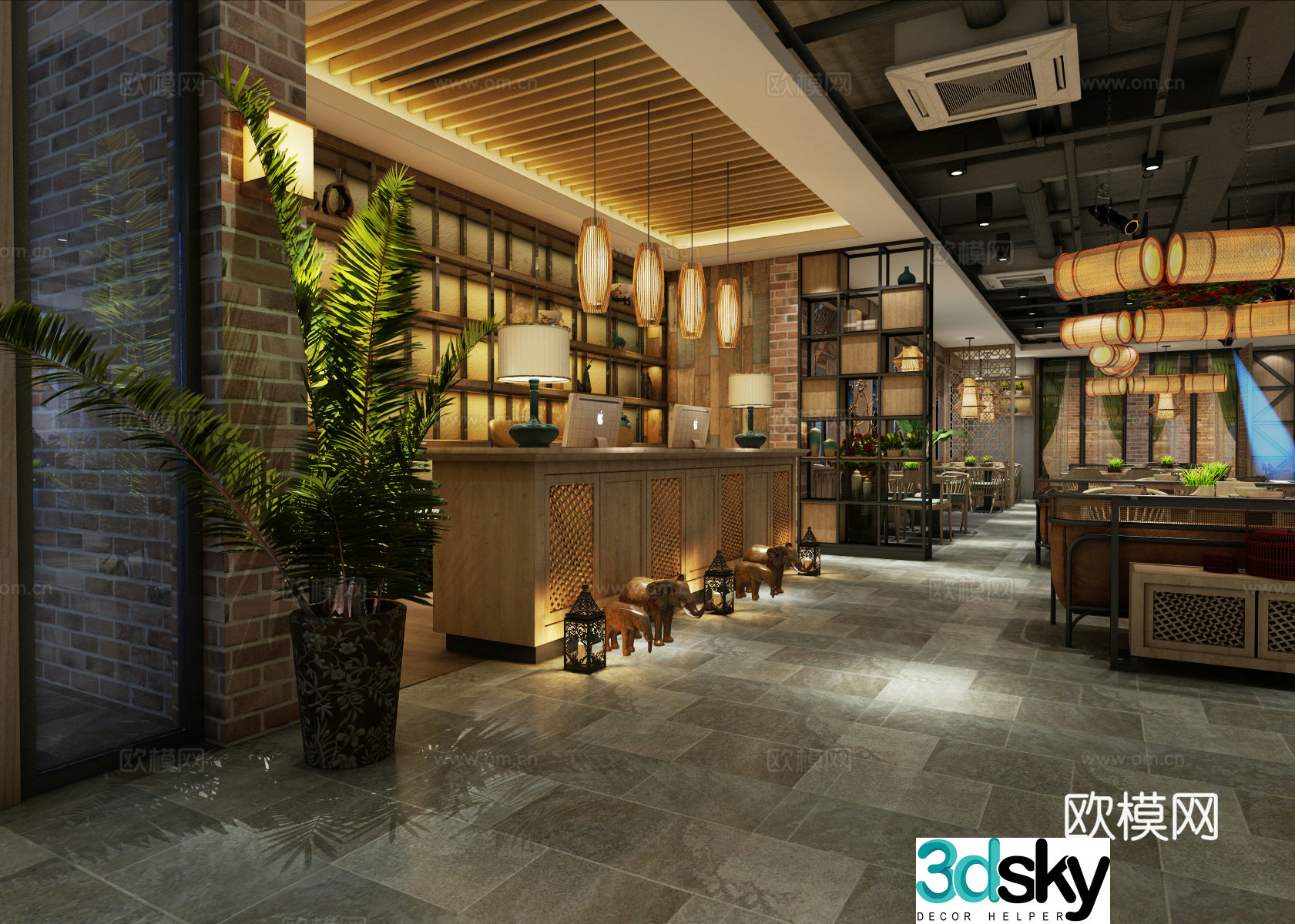 Chinese restaurant restaurant dining table dining chair chandeliers 3d model