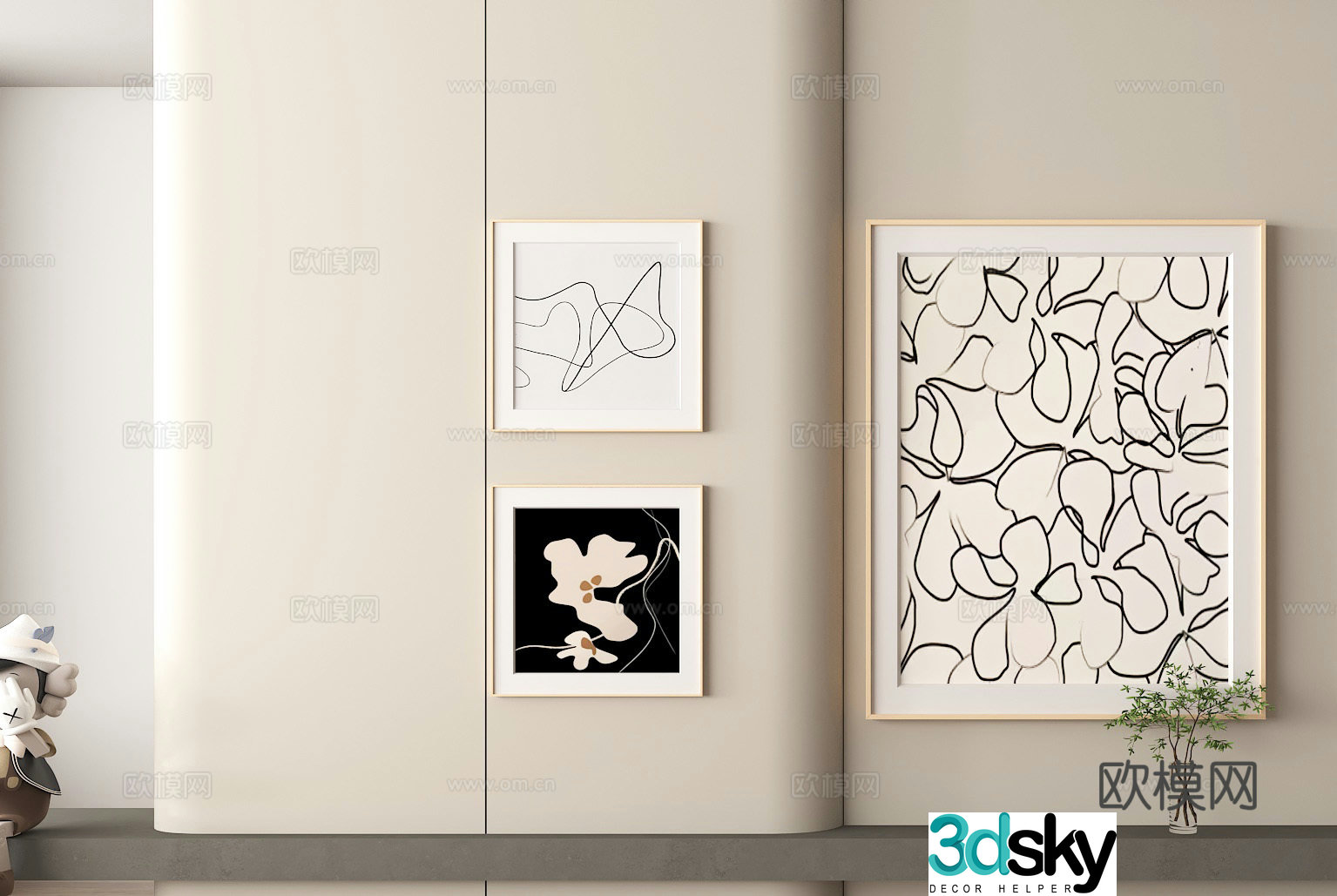 Simple decorative paintings of wall decoration black and white line paintings modern art hanging paintings abstract flower paintings 3D model