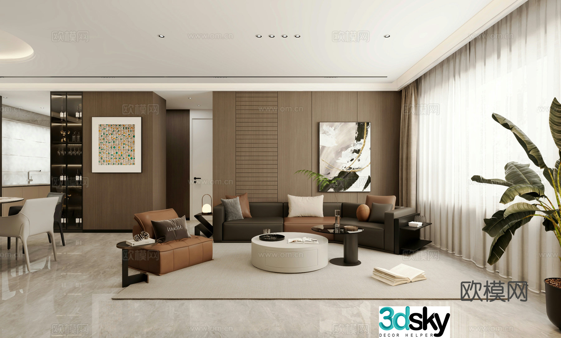 Modern living and dining room 3d model