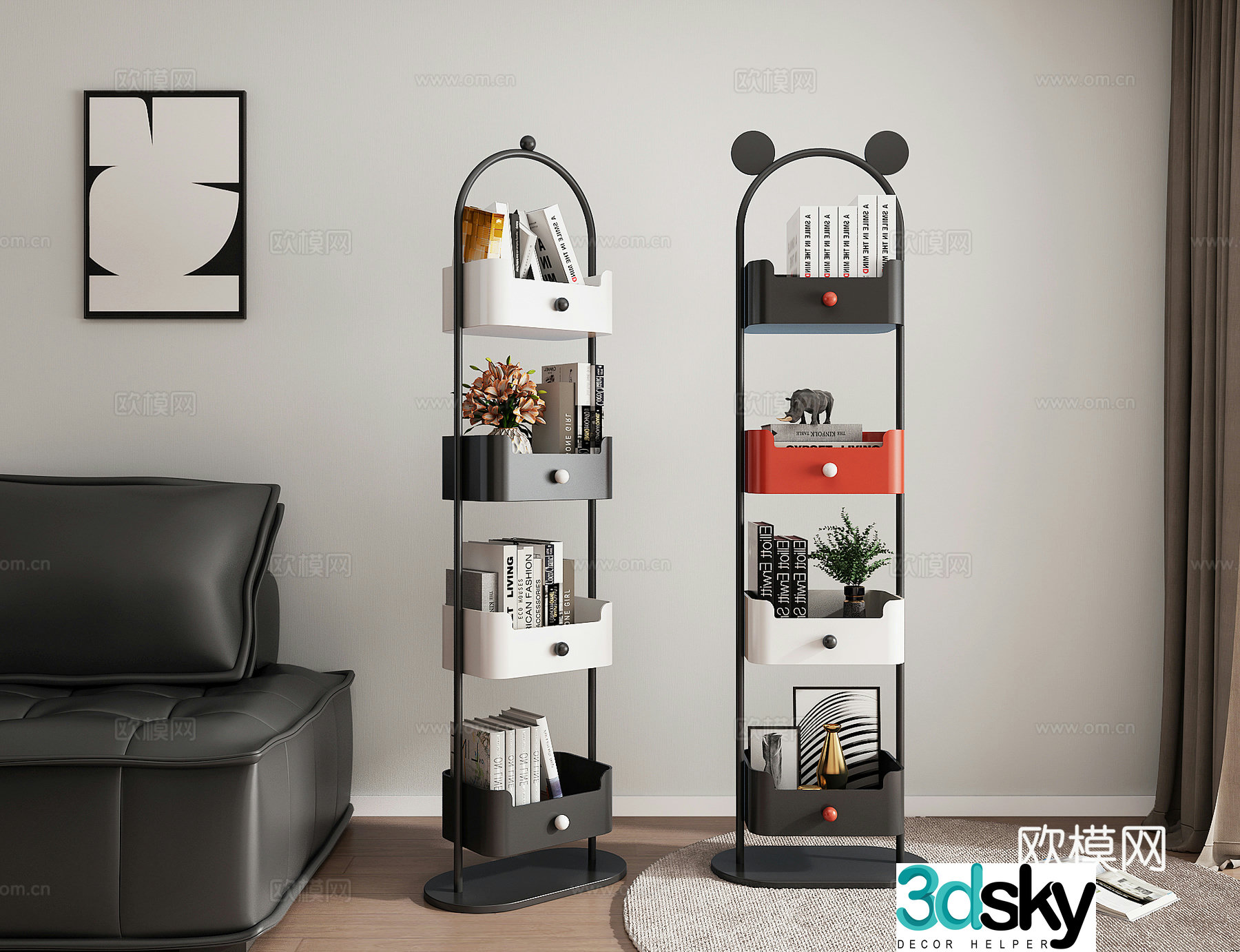 Children’s bookshelf floor storage rack living room corner wrought iron storage cabinet against the wall storage small narrow cabinet 3D model