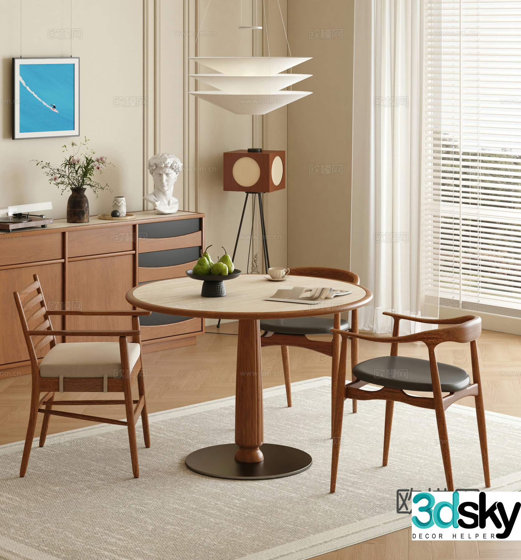Retro medieval dining table and chairs Round dining table and chairs Medium style restaurant Solid wood sideboard Solid wood round dining table 3D model