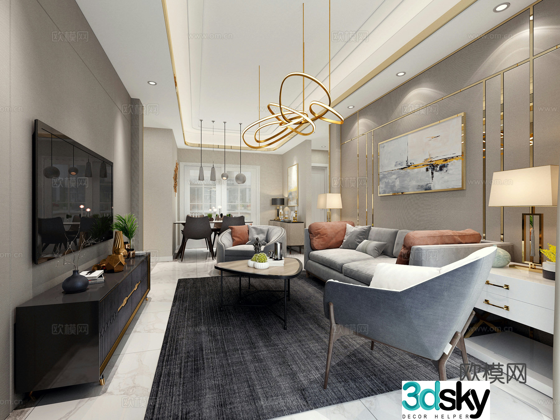 Postmodern living and dining room 3D model
