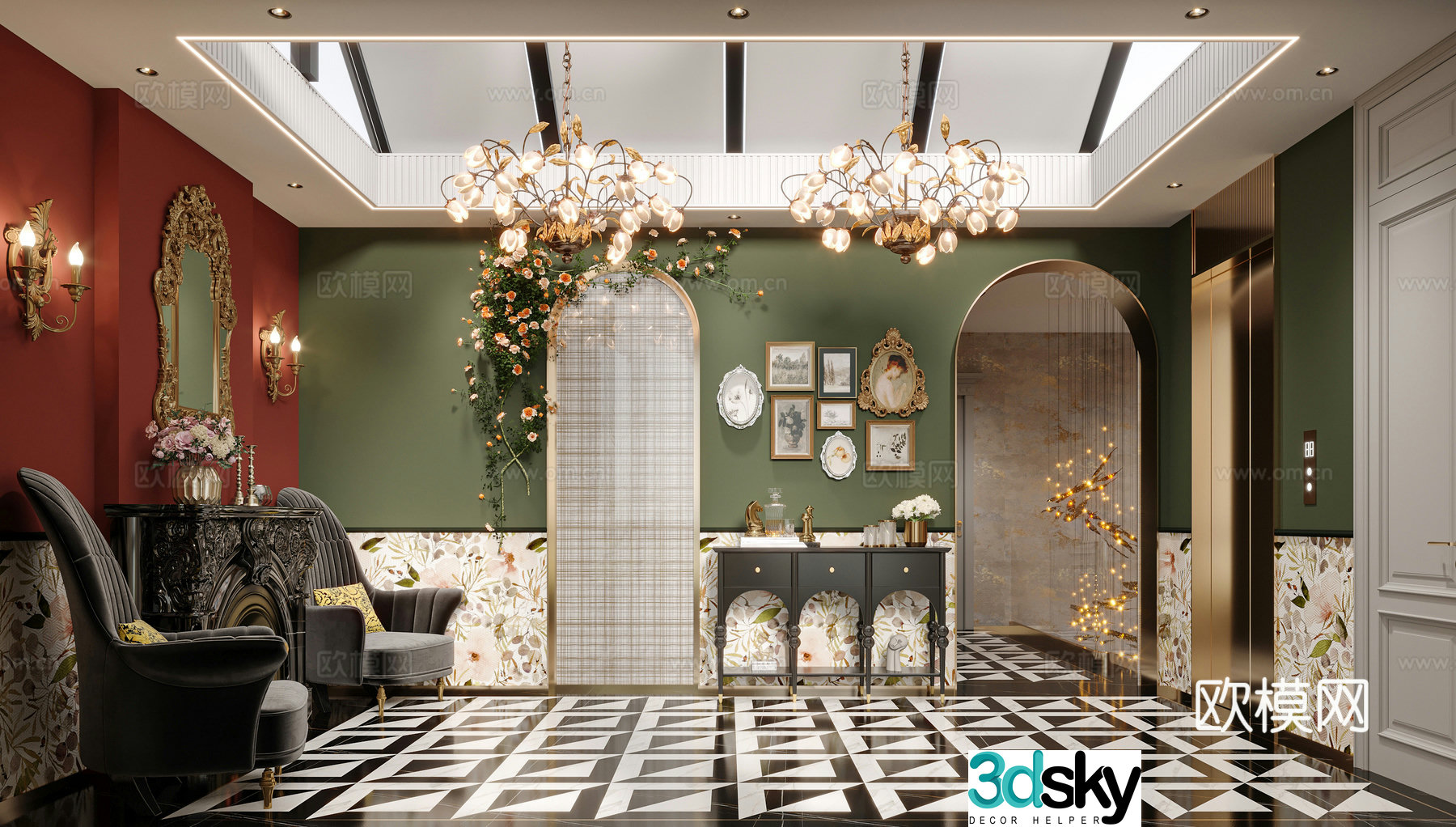 French luxury villa sunroom shape fireplace classical chandeliers leisure chair entrance cabinet stone parquet wall skirt floor 3D model