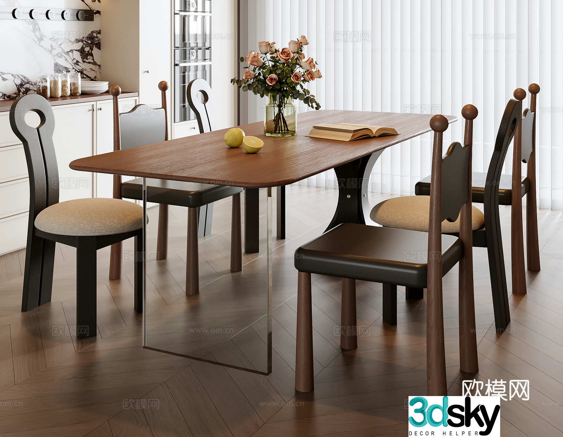 French dining table and chair combination 3D model
