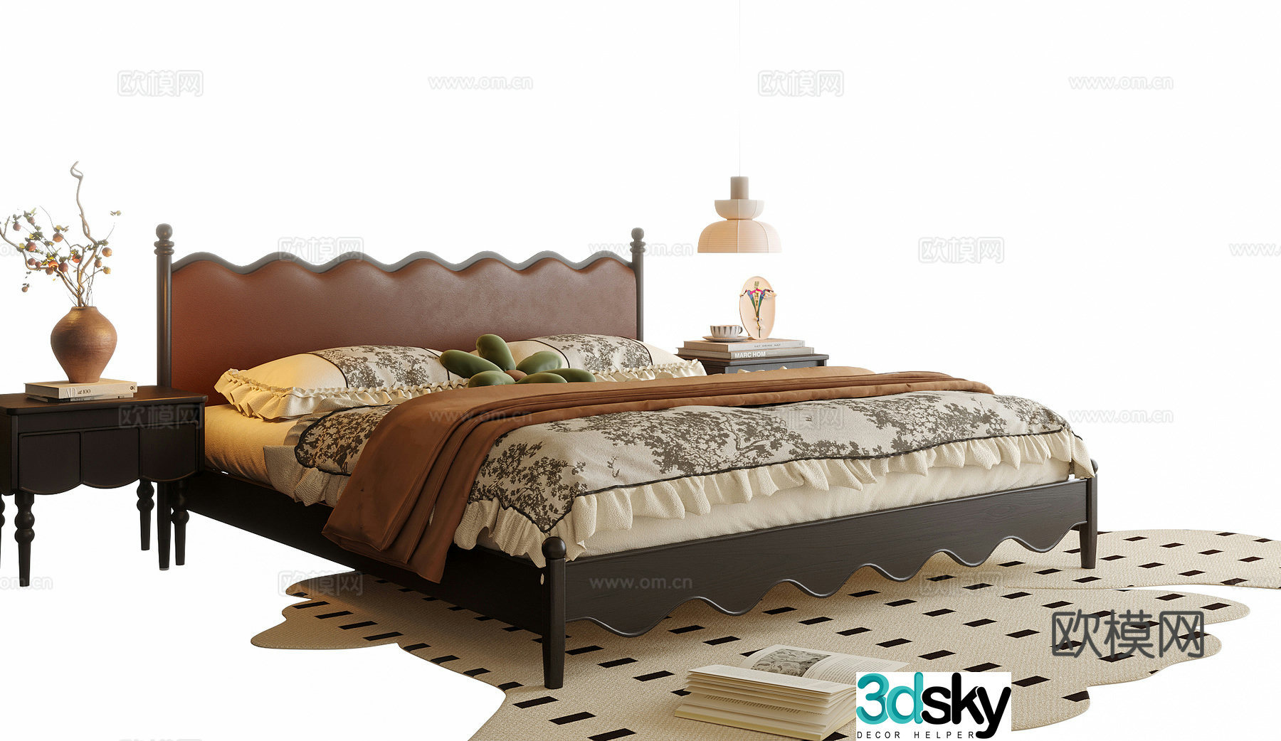 French double bed nightstand bedside chandeliers 3d model