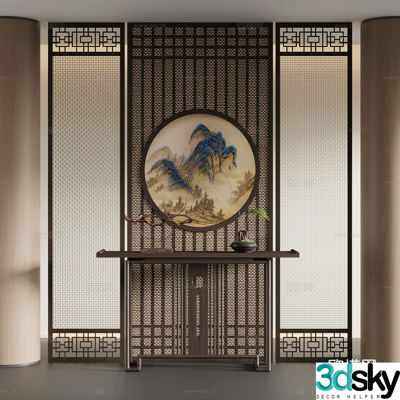Porch new Chinese style porch partition porch background wall end view cabinet porch cabinet 3D model
