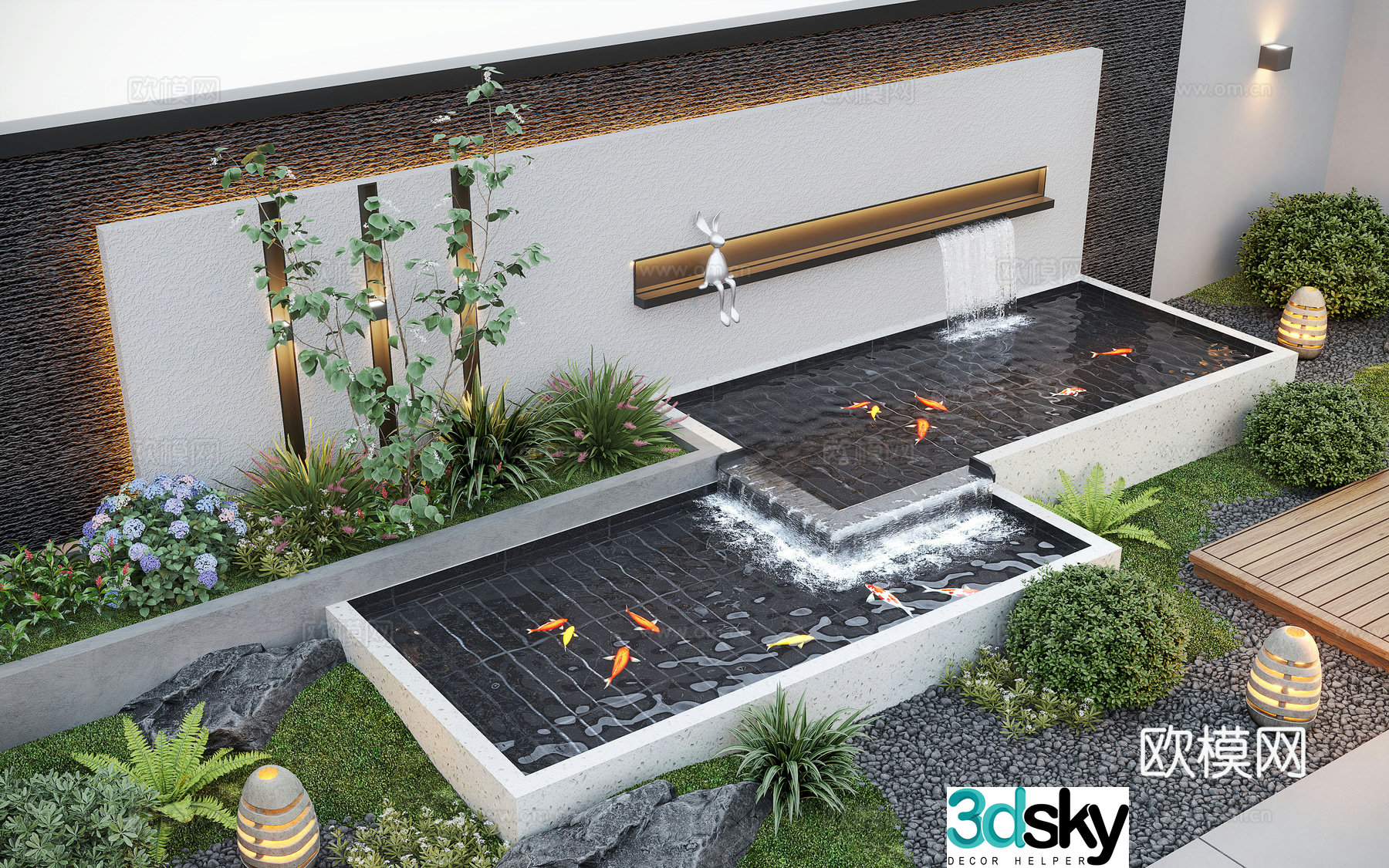 Modern courtyard landscape courtyard garden garden water view water view wall 3d model
