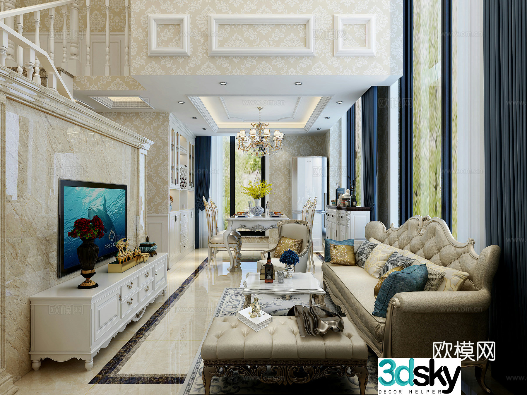 Simple European living and dining room 3d model 3d model