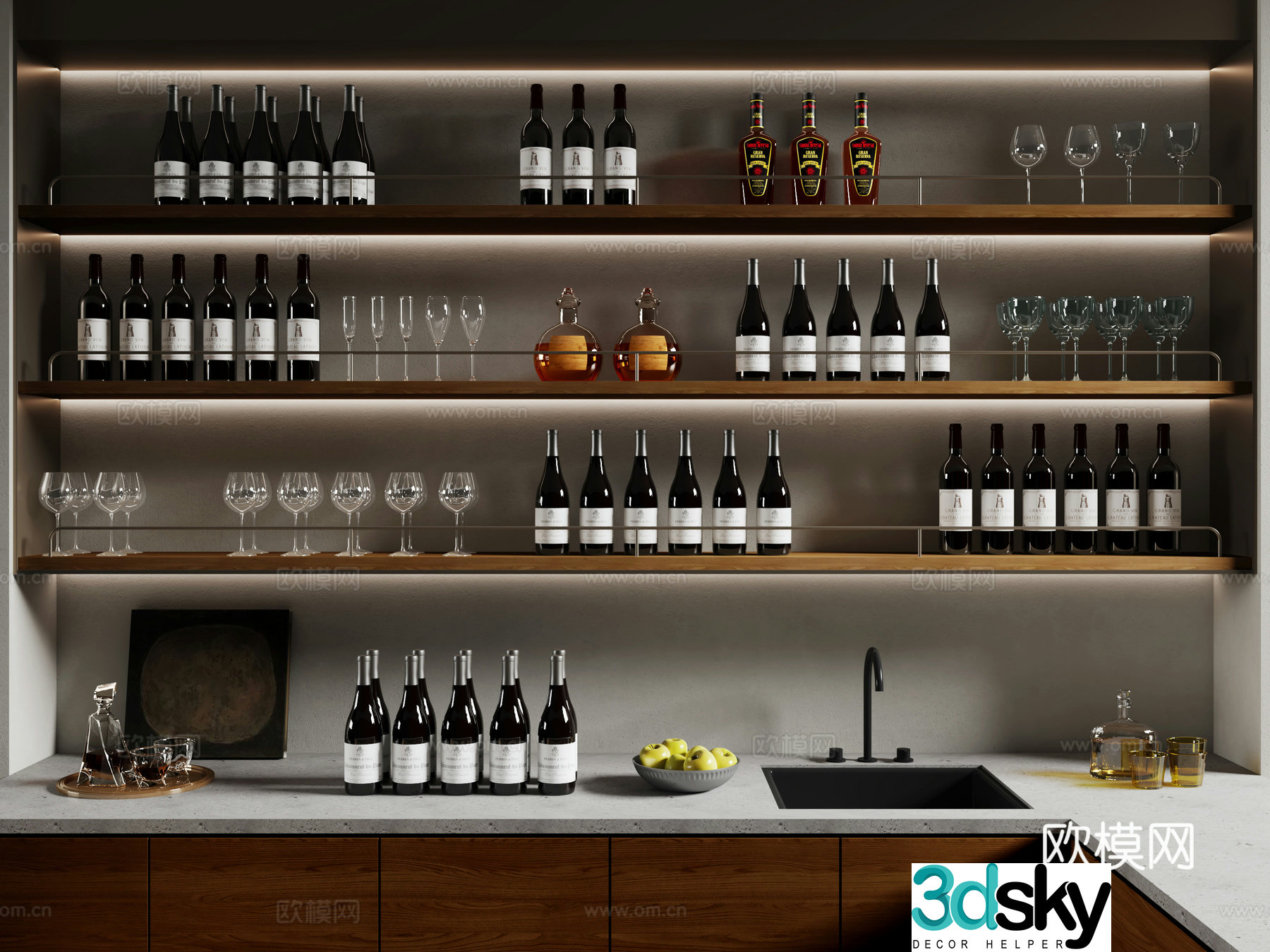 Modern wine rack red wine glass wash basin fruit tray 3D model