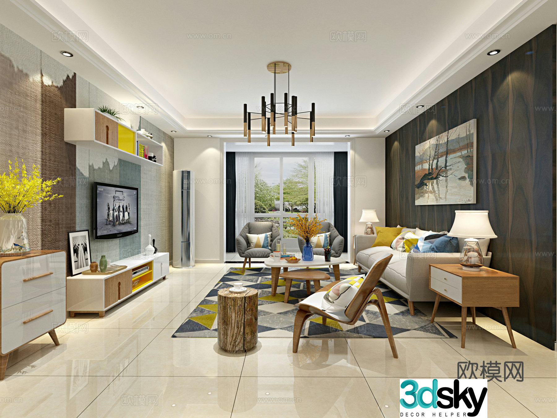 Nordic living restaurant sofa chandelier dining table decoration cabinet painting TV cabinet curtain 3D model