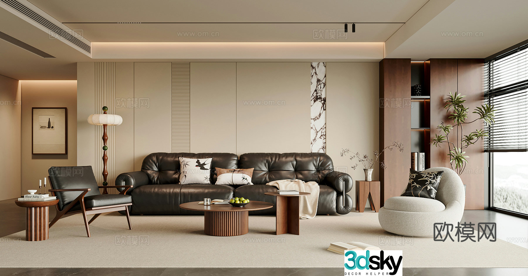 Modern medieval living room sofa and coffee table combination leisure chair coffee table floor lamp living room 3D model