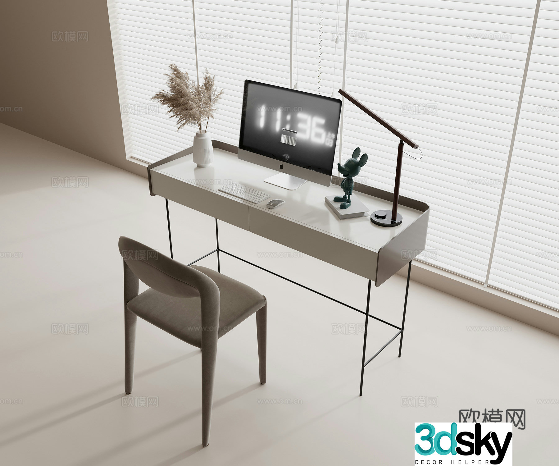 Modern desk and chair combination Modern desk fabric single chair Desktop computer Keyboard and mouse Simple 3D model