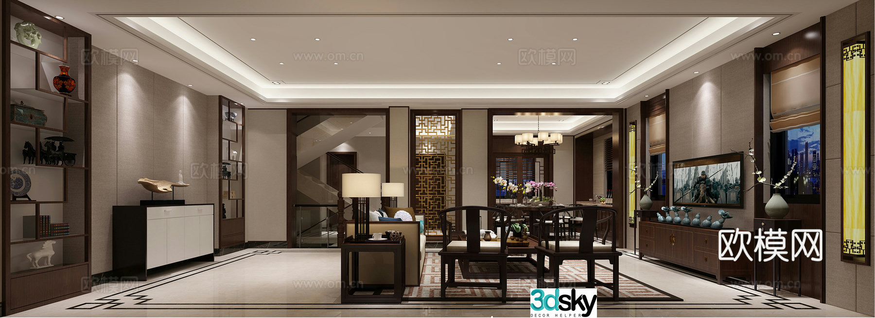 Simple new Chinese style living and dining room sofa coffee table carpet chandeliers ornaments TV cabinets 3D model