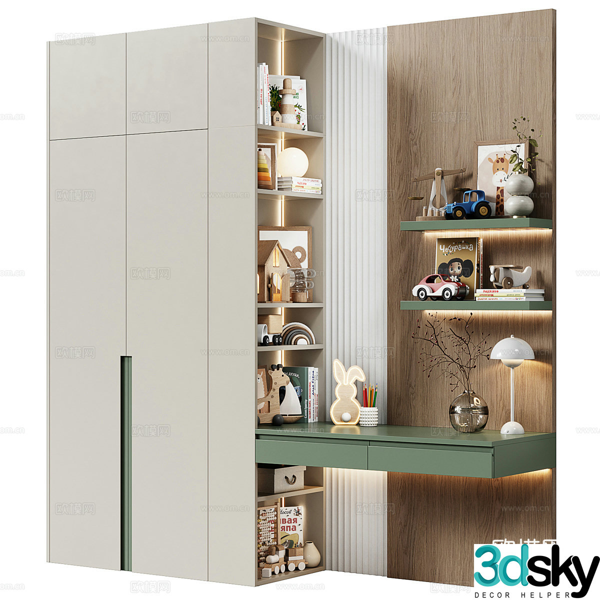 Modern Italian minimalist children’s wardrobe children’s bookcase combination 3D model