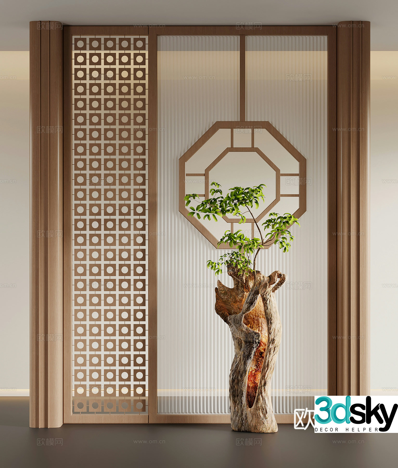 Porch new Chinese style porch partition porch background wall dead wood green plant sculpture 3D model