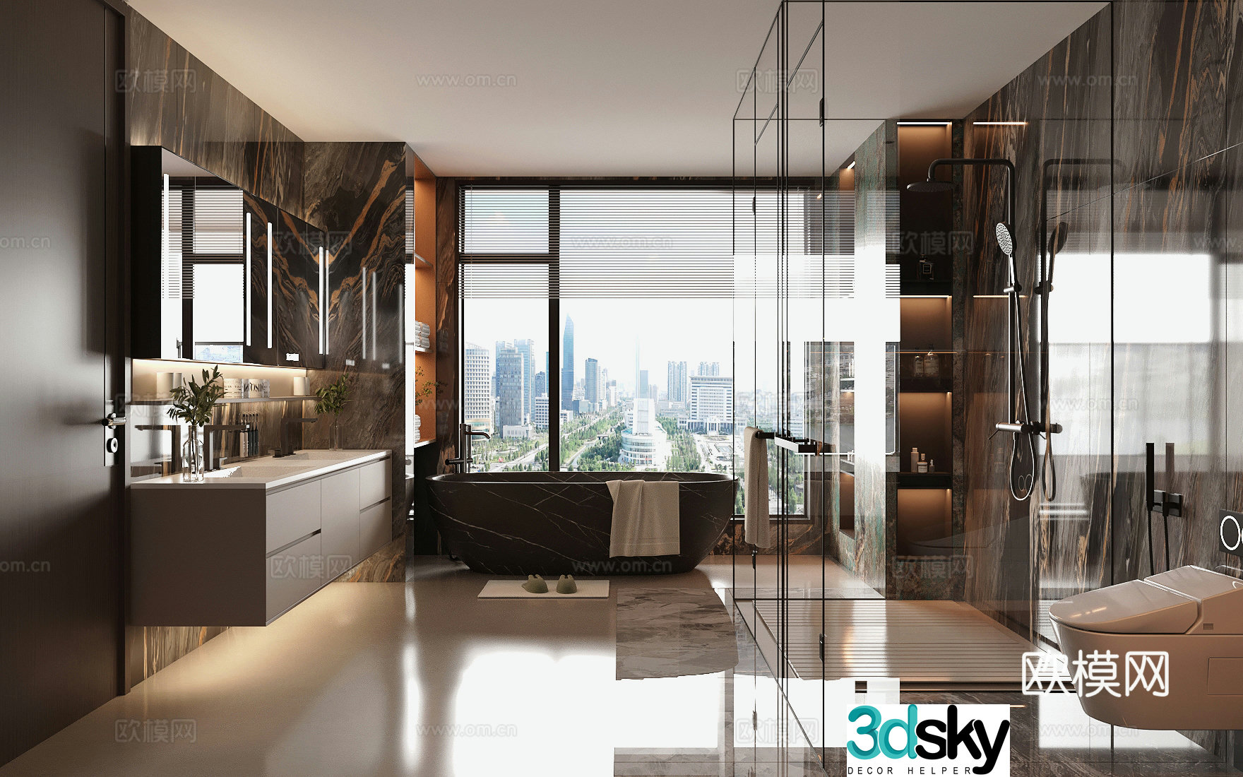 Italian light luxury bathroom marble bathroom toilet toilet toilet sink glass door bathroom 3D model