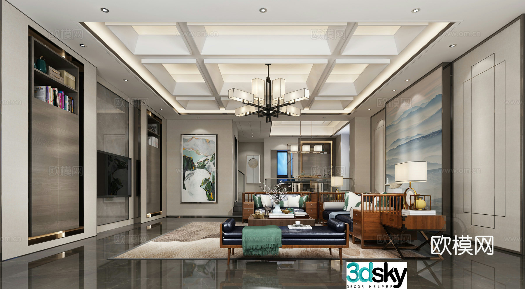 New Chinese style living room dining room floor carpet background wall curtain hanging painting lamp 3d model