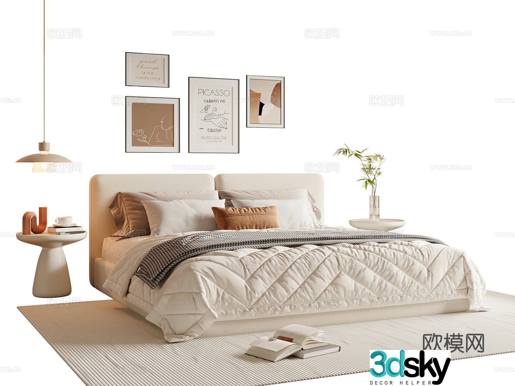 Modern cream style double bed 3d model