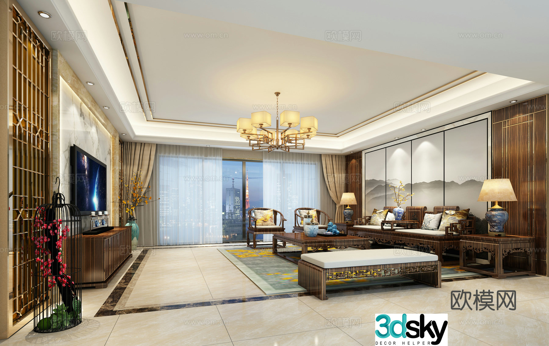 New Chinese style living room chandelier table lamp 3d model