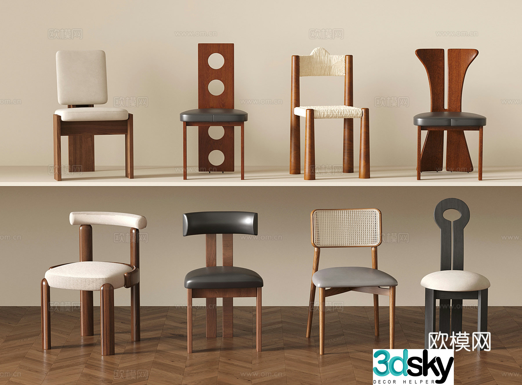 Medium style wooden chair single chair dining chair 3d model