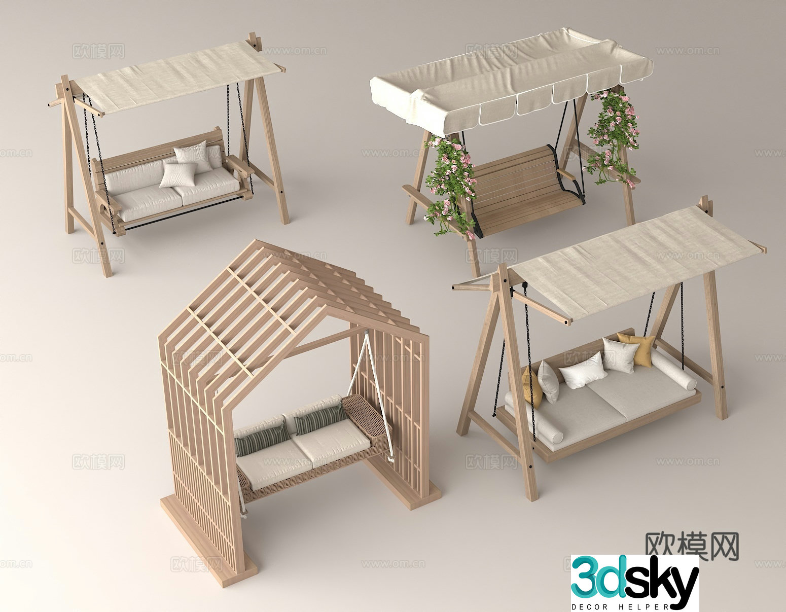 Outdoor swing Wooden leisure furniture Garden decoration Sunshade swing Comfortable outdoor seating Field 3D model