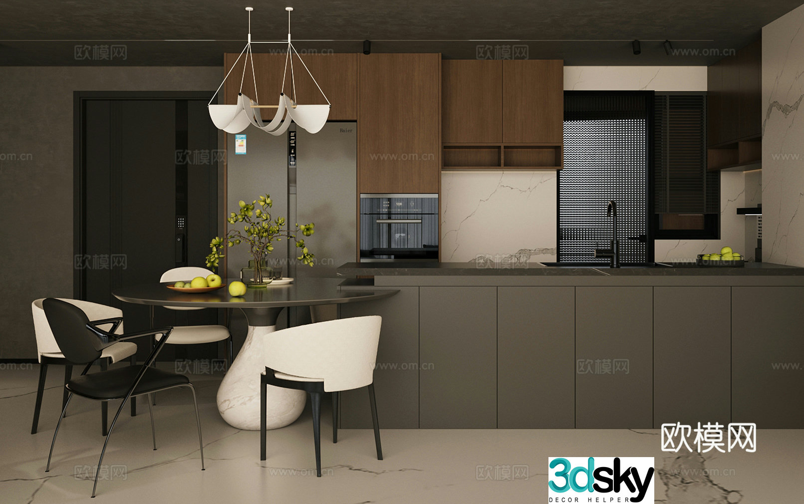 Modern Italian home restaurant Light luxury Italian restaurant Island restaurant Black and white and gray restaurant Dining table and chair 3D model
