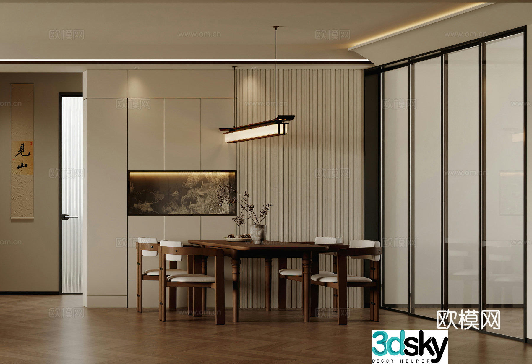 Middle style restaurant New Chinese style restaurant Dining table Wine cabinet Chandelier Middle style restaurant 3D model