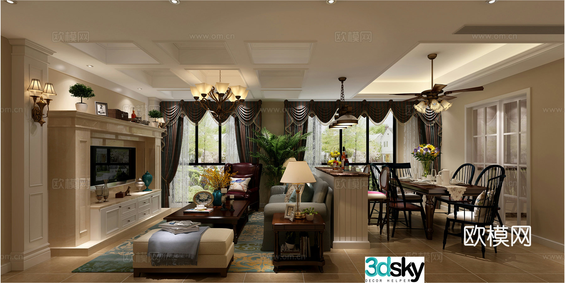 Simple European style living and dining room sofa coffee table carpet chandelier ornament TV cabinet electric 3D model