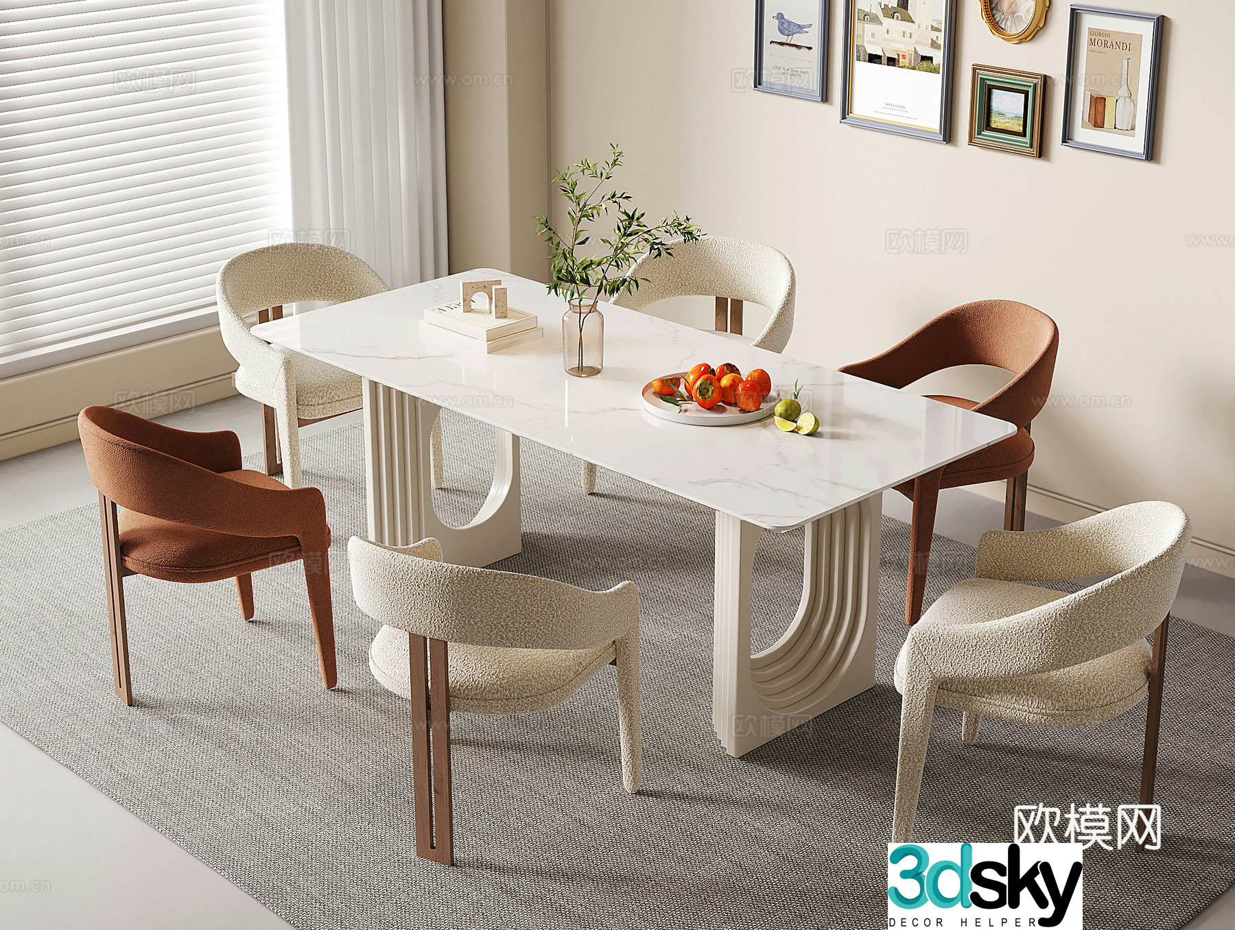 Creamy style rectangular dining table marble dining chair dining table chair 3d model