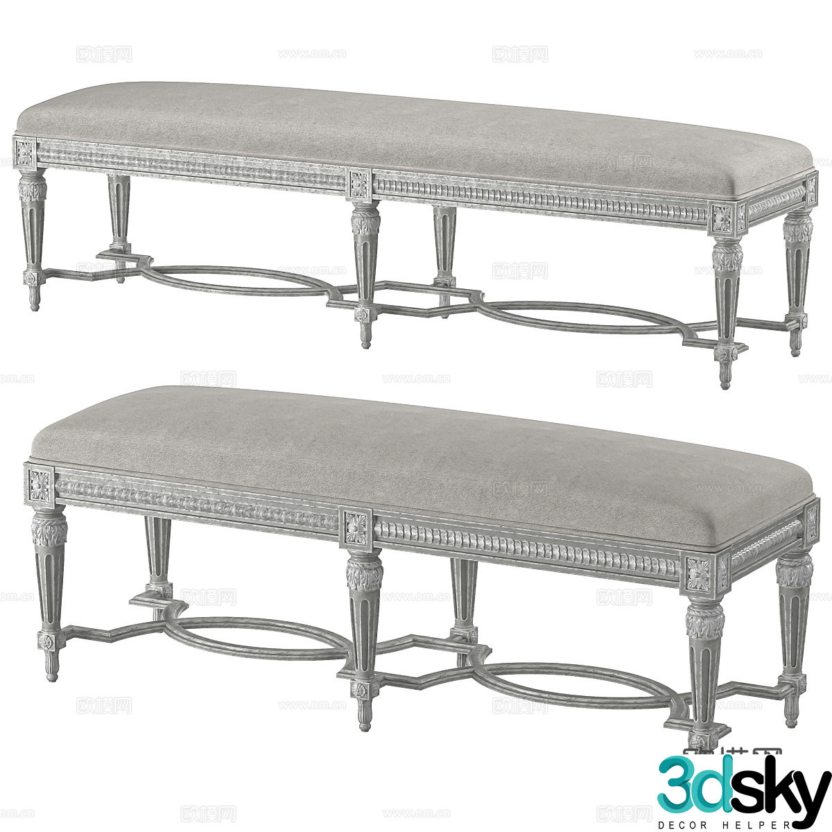 French fabric bench strip bench tail stool 3D model