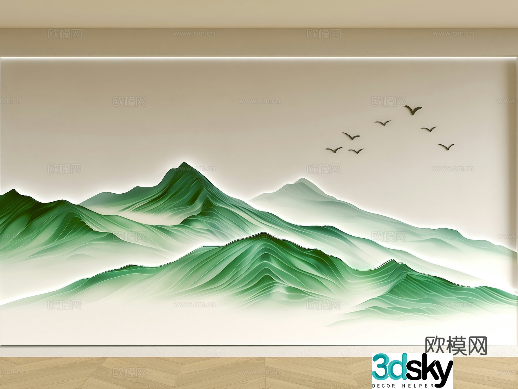 New Chinese style landscape background wall Living room background wall Sofa background wall Landscape line background wall Wave 3d model