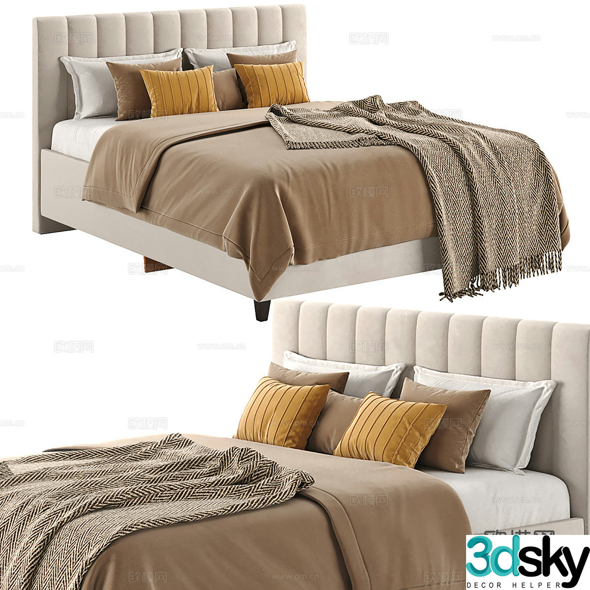 Modern cream style fabric double bed 3d model
