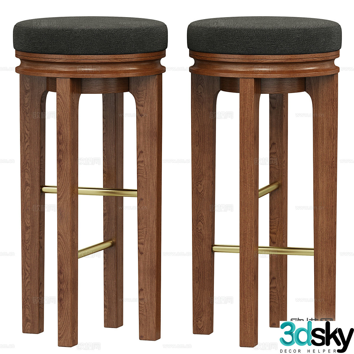 New Chinese style light luxury wooden bar stool 3D model