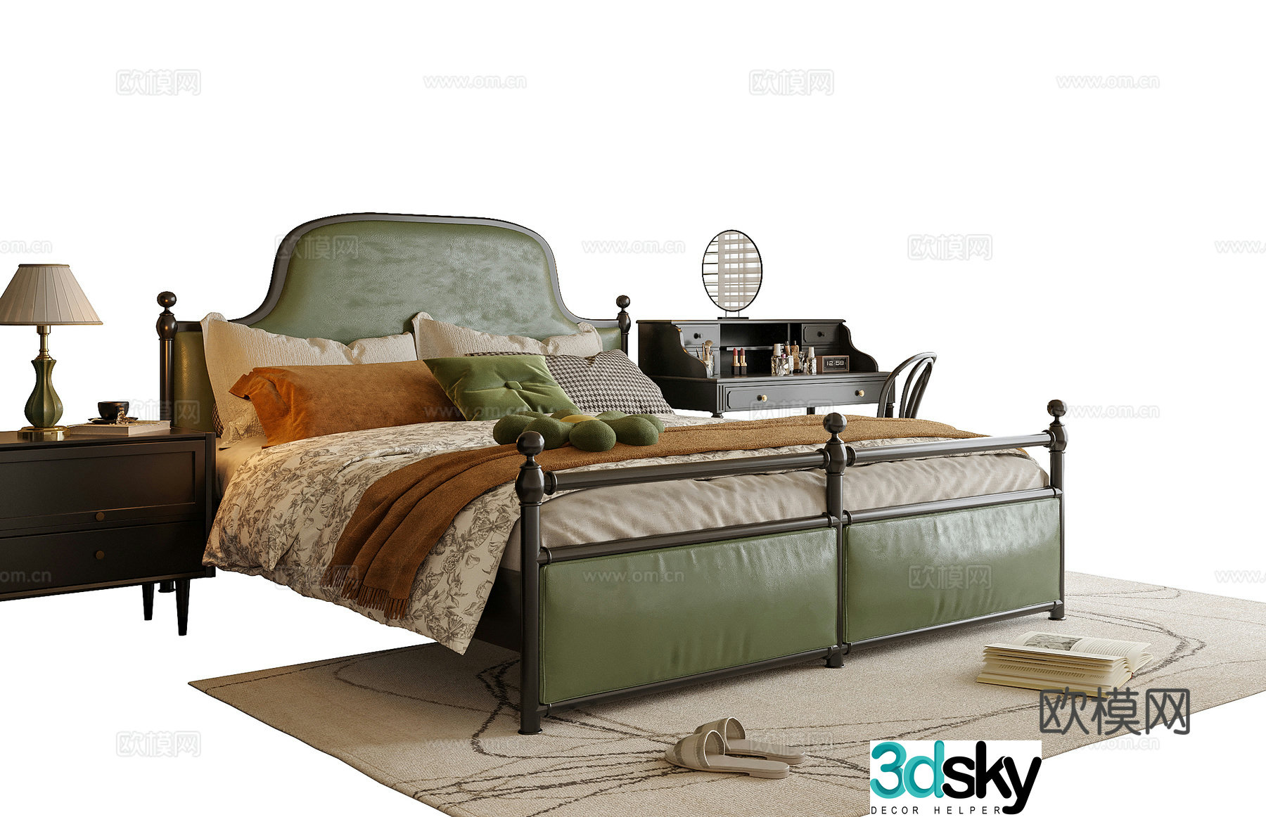 American double bed nightstand dressing table 3D model