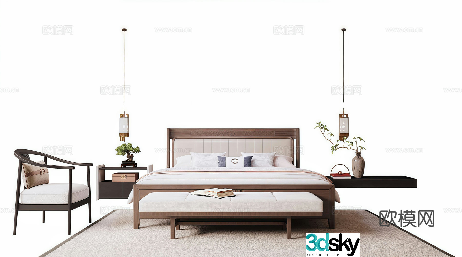 New Chinese style double bed bed nightstand small chandeliers lazy sofa 3D model