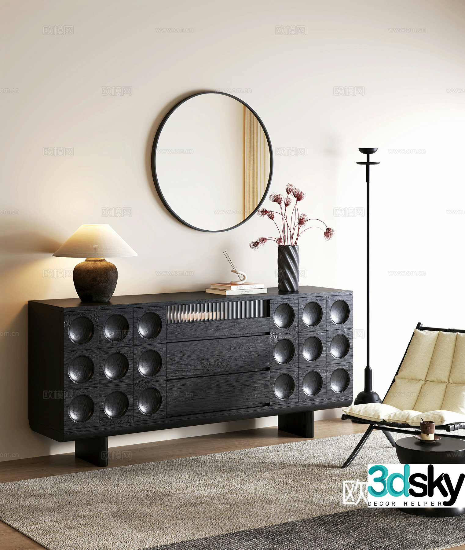 Modern medieval entrance cabinet end view entrance cabinet leisure chair desk lamp flower floor lamp 3D model