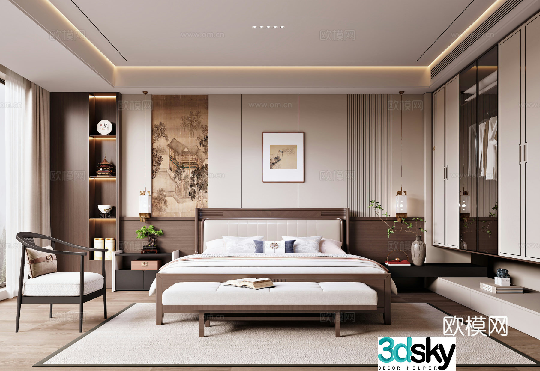 New Chinese style bedroom bedside background wall decorative painting wardrobe double bed bedside table single sand 3d model