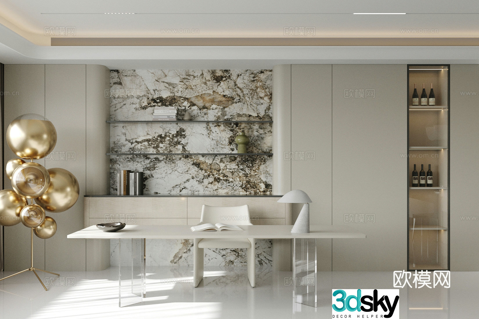 Modern Italian study light luxury Italian study open study living room study desk and chair 3D model