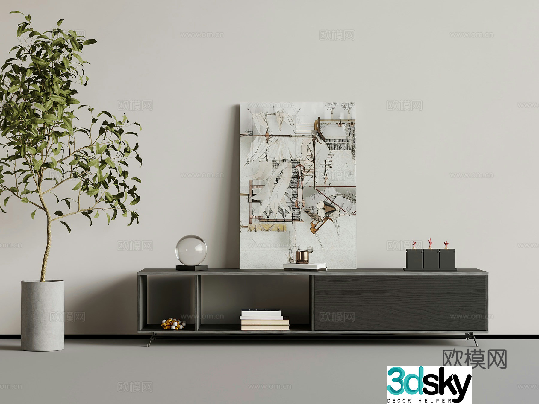 TV cabinet modern minimalist TV cabinet jewelry ornaments decorative painting green plant potted 3D model