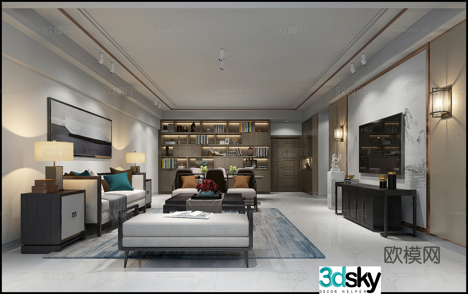 Modern living room sofa TV cabinet hanging painting wall lamp dining table 3d model