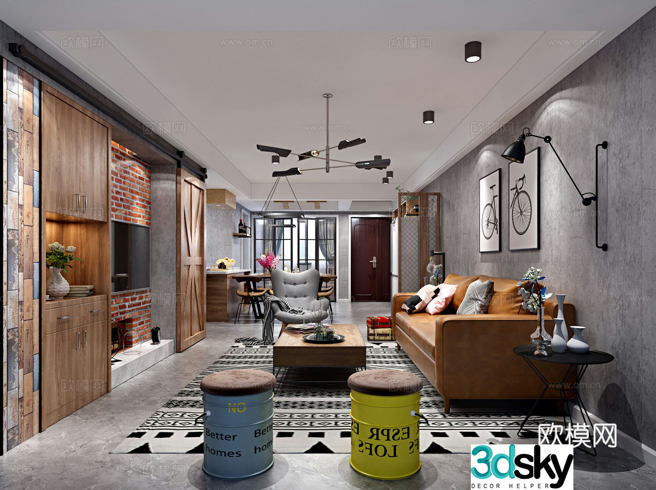 Industrial style modern living room TV background wall 3d model