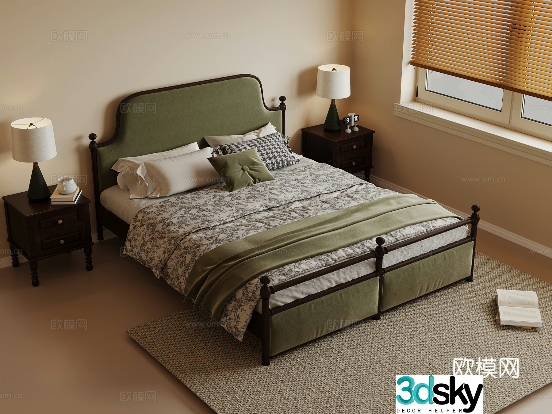French double bed nightstand 3d model