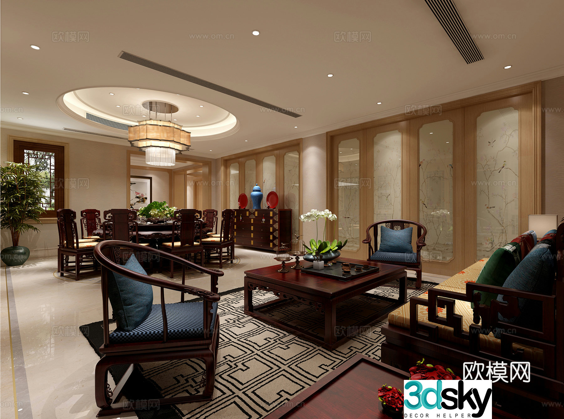 Simple Chinese living and dining room sofa coffee table carpet chandeliers ornaments TV cabinet electric 3D model