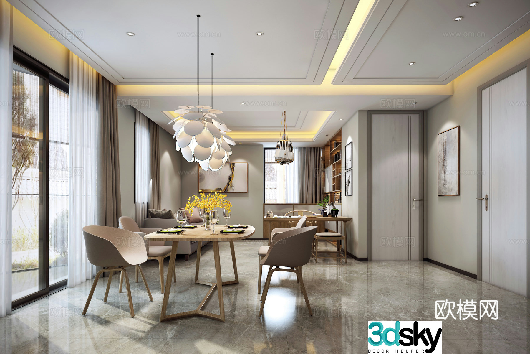 Modern living room dining table chair cabinet sofa chandelier 3d model