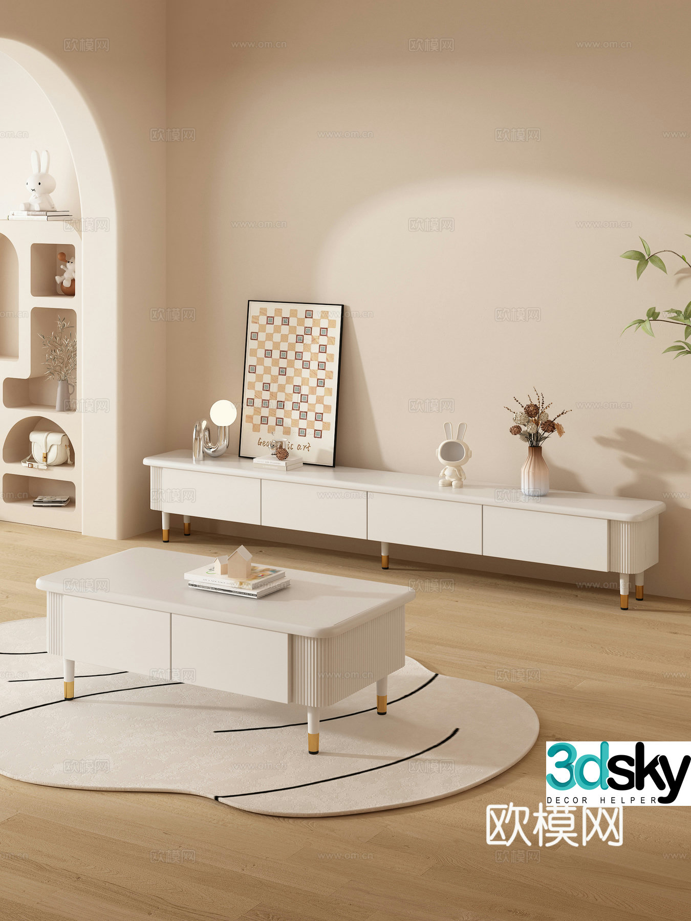 Creamy style tea table TV cabinet ornament combination books decorative painting TV 3d model