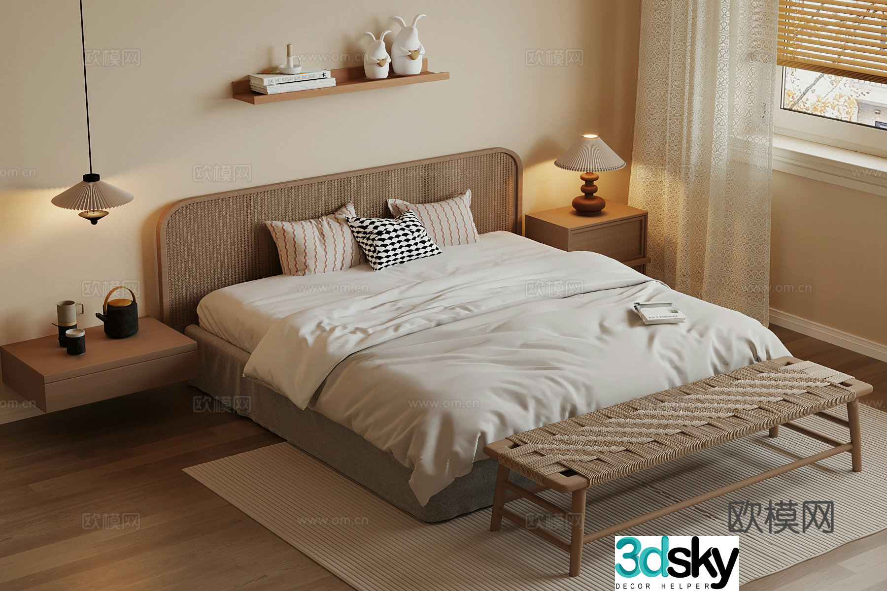 New Chinese style double bed bedside table wall light 3d model