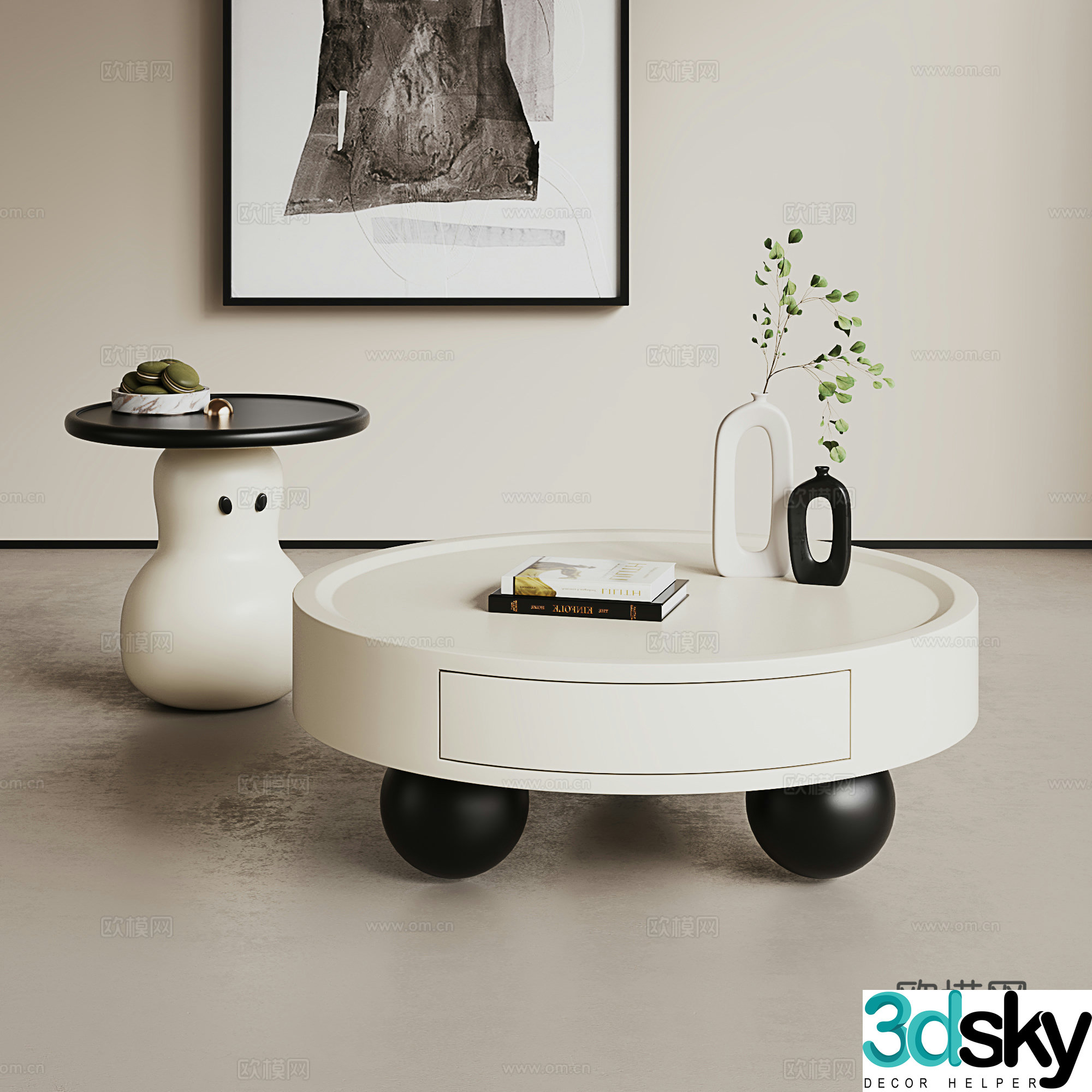 Creamy style tea table combination round tea table combination Italian tea table combination minimalist tea table combination 3D model